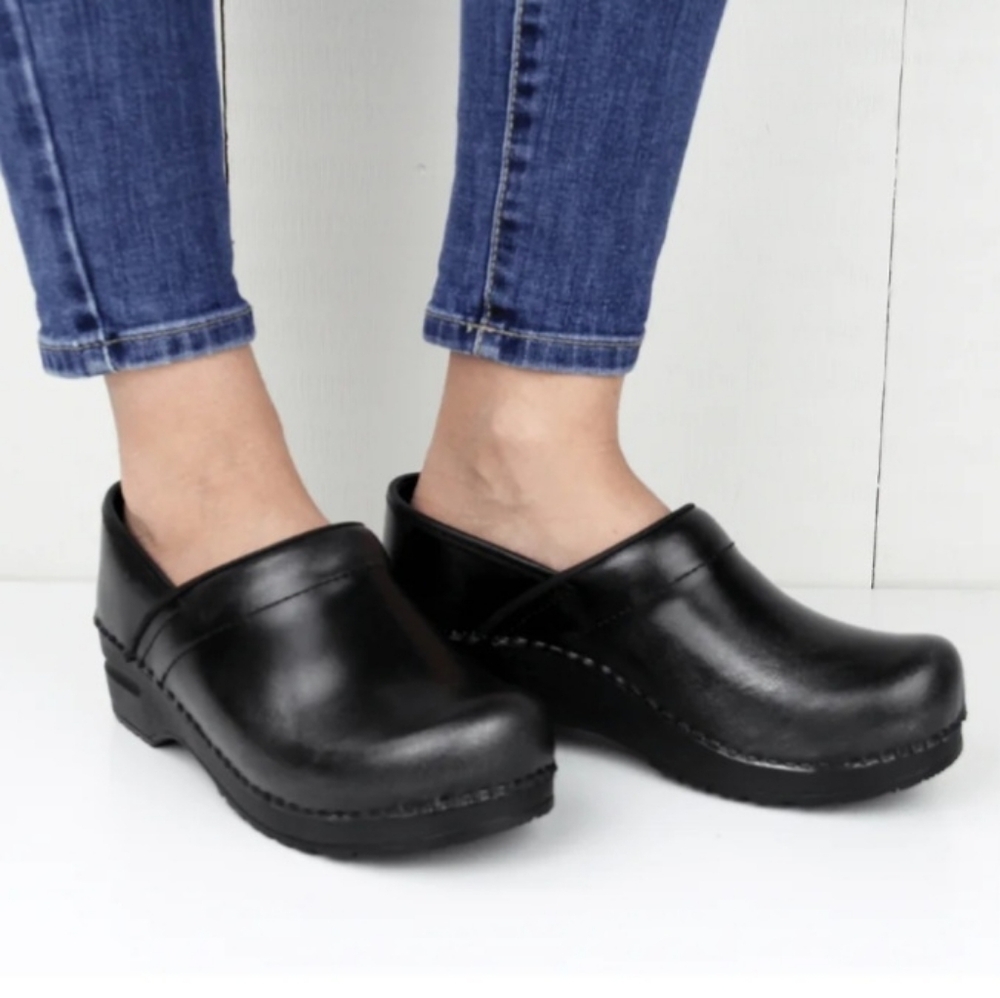 Sanita Black Leather Clog Mules